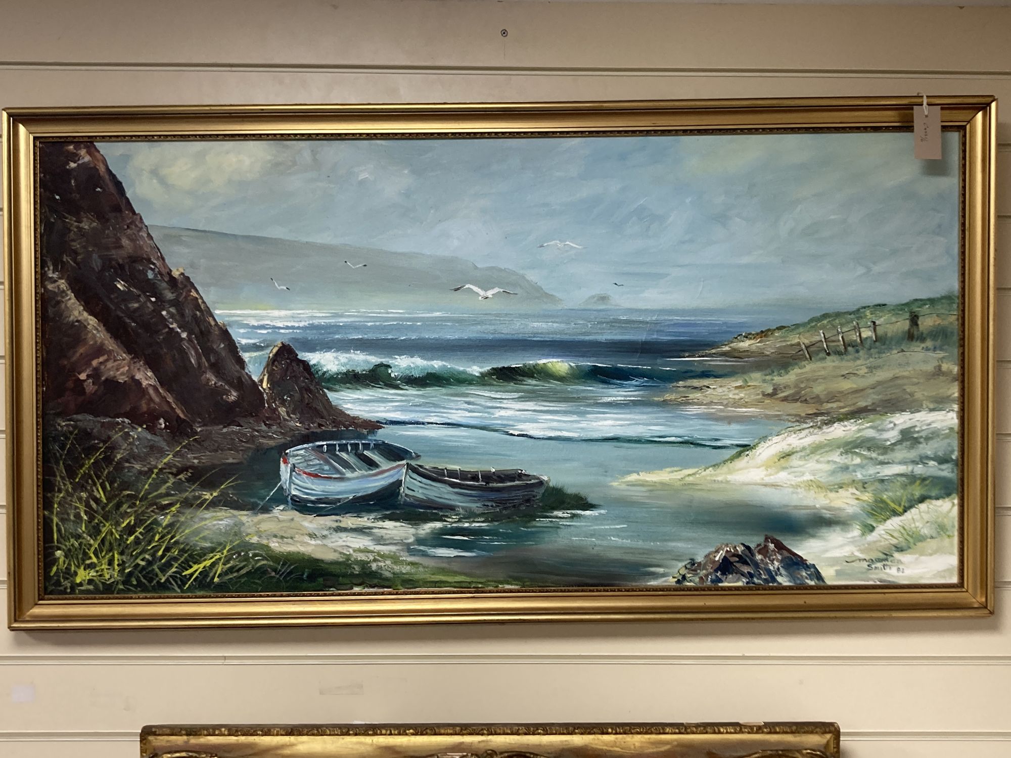 Mawnan Smith, oil on canvas, Coastal scene with fishing boats, signed and dated 82, 60 x 121cm